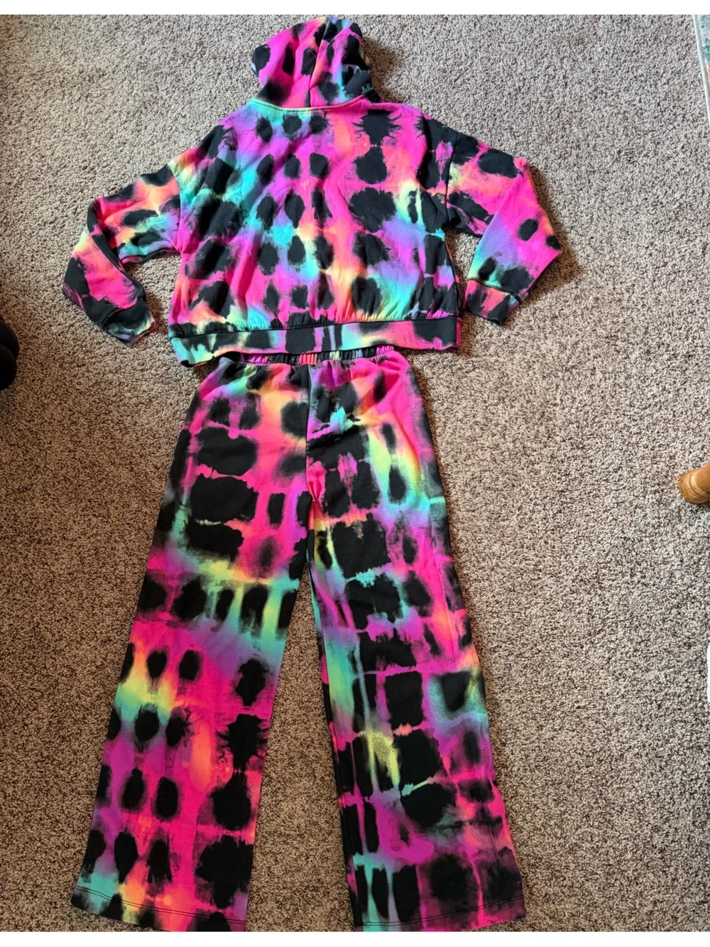 Justice Girls Tie-Dye Hoodie + Wide Leg Sweatpants Set - Neon Black Pink Blue